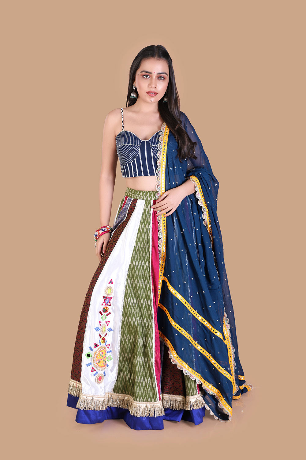 Multicolor Striped Lehenga with Navy Blouse - LABEL KAVITA