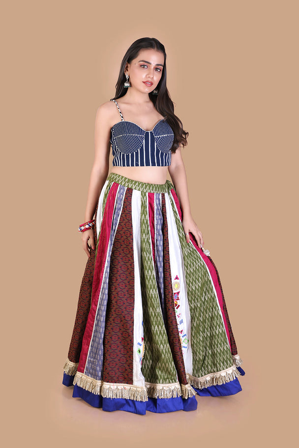 multicolor striped lehenga with blue embroidered blouse