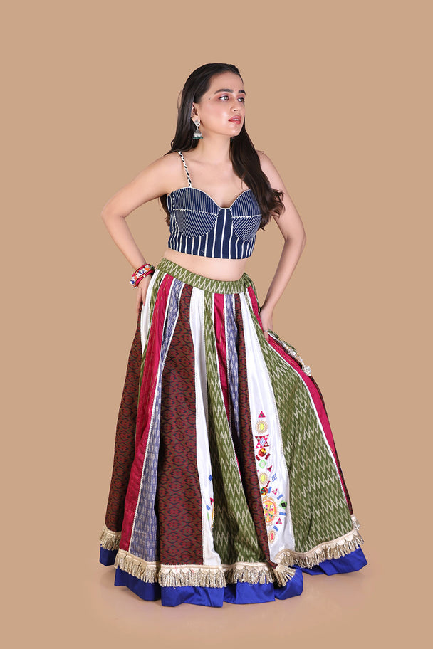 multicolor striped lehenga with blue embroidered blouse