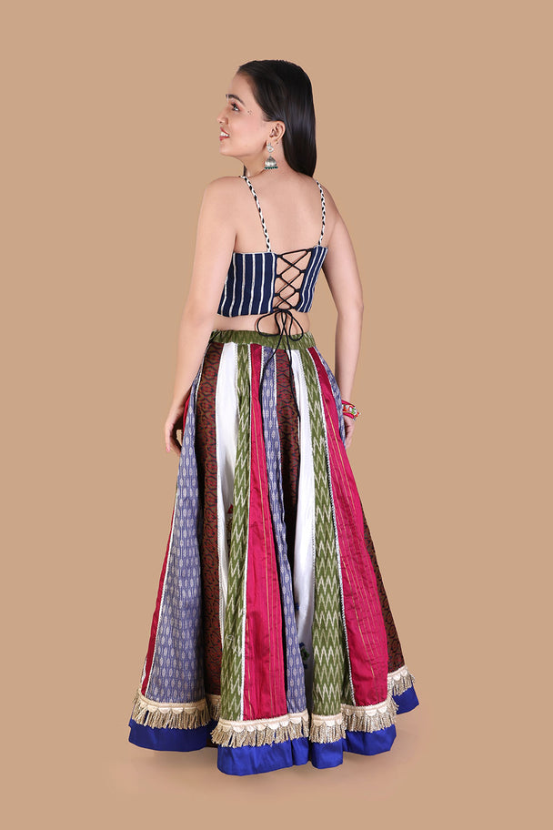 multicolor striped lehenga with blue embroidered blouse