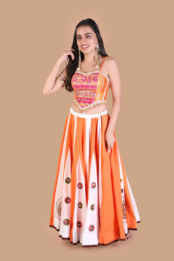 orange & white striped lehenga with embroidered blouse