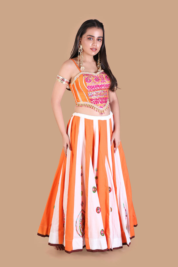 orange & white striped lehenga with embroidered blouse