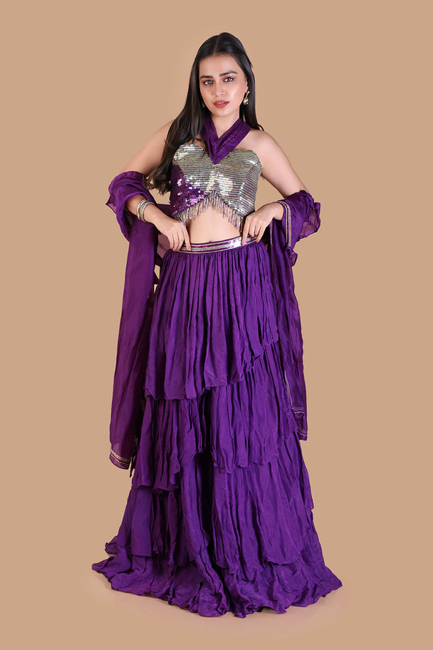 royal purple tiered lehenga with silver embroidered blouse & dupatta