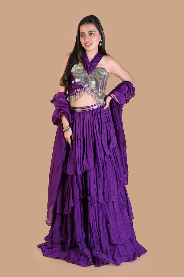 royal purple tiered lehenga with silver embroidered blouse & dupatta