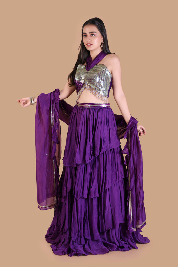 royal purple tiered lehenga with silver embroidered blouse & dupatta