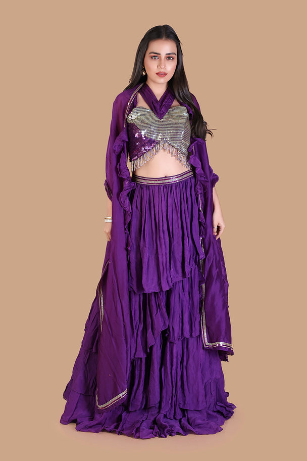 royal purple tiered lehenga with silver embroidered blouse & dupatta