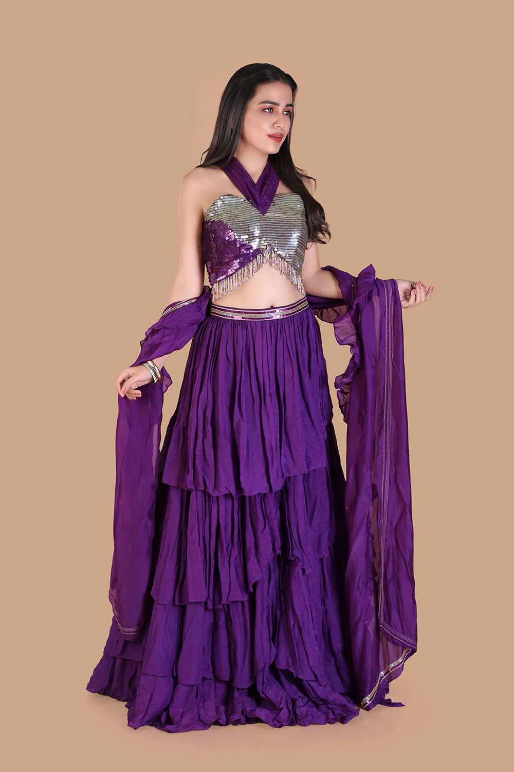 Royal Purple Tiered Lehenga Set - image 5