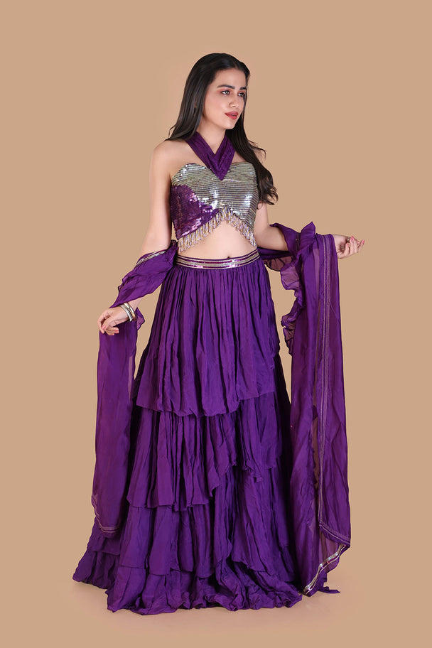 royal purple tiered lehenga with silver embroidered blouse & dupatta