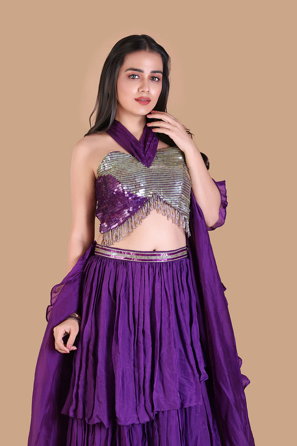 royal purple tiered lehenga with silver embroidered blouse & dupatta