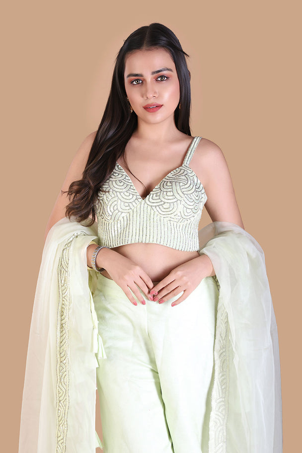 pastel mint green lehenga with embroidered blouse & fringe dupatta