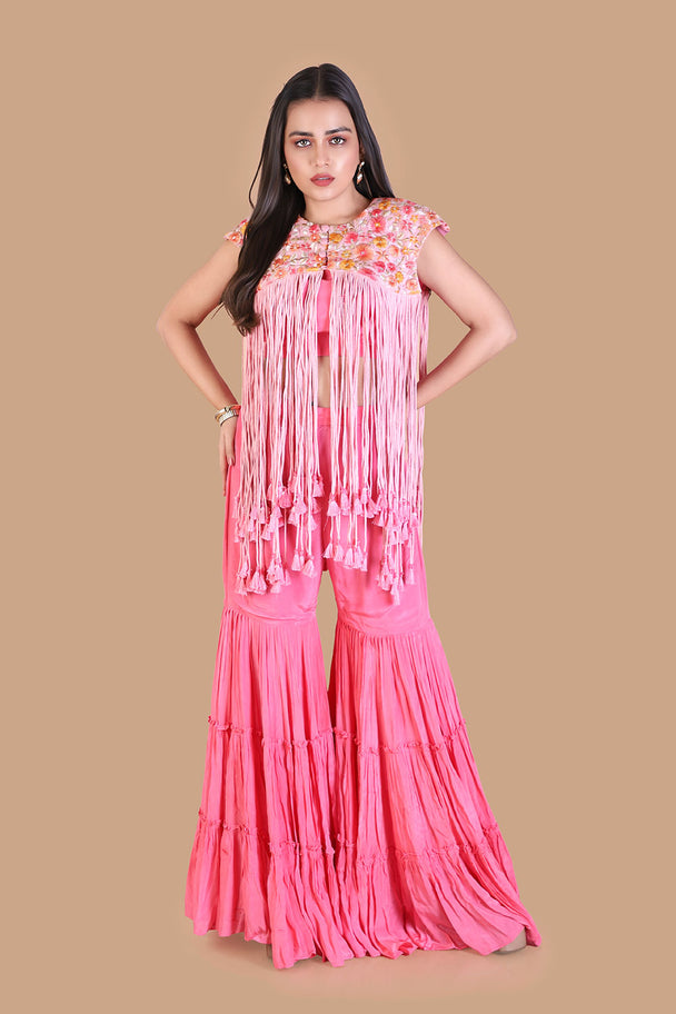 bright pink layered sharara with embroidered yoke