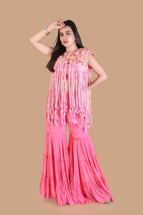 bright pink layered sharara with embroidered yoke