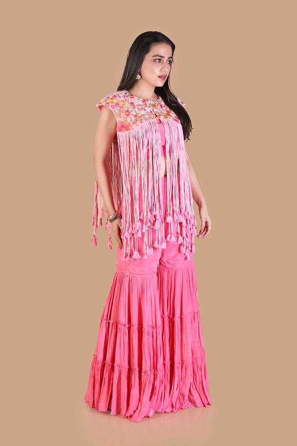 bright pink layered sharara with embroidered yoke