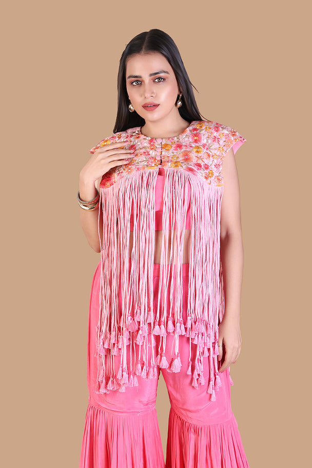 bright pink layered sharara with embroidered yoke