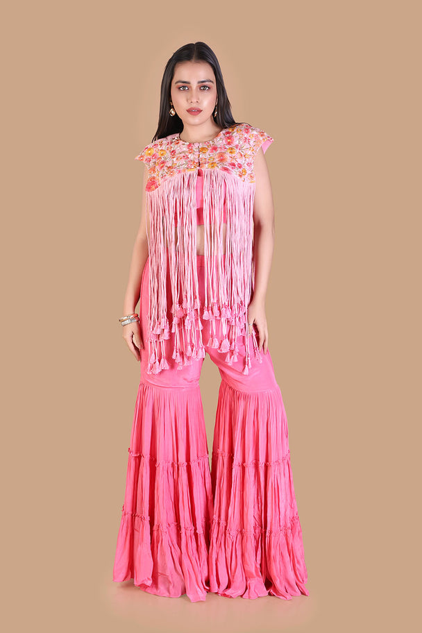 bright pink layered sharara with embroidered yoke