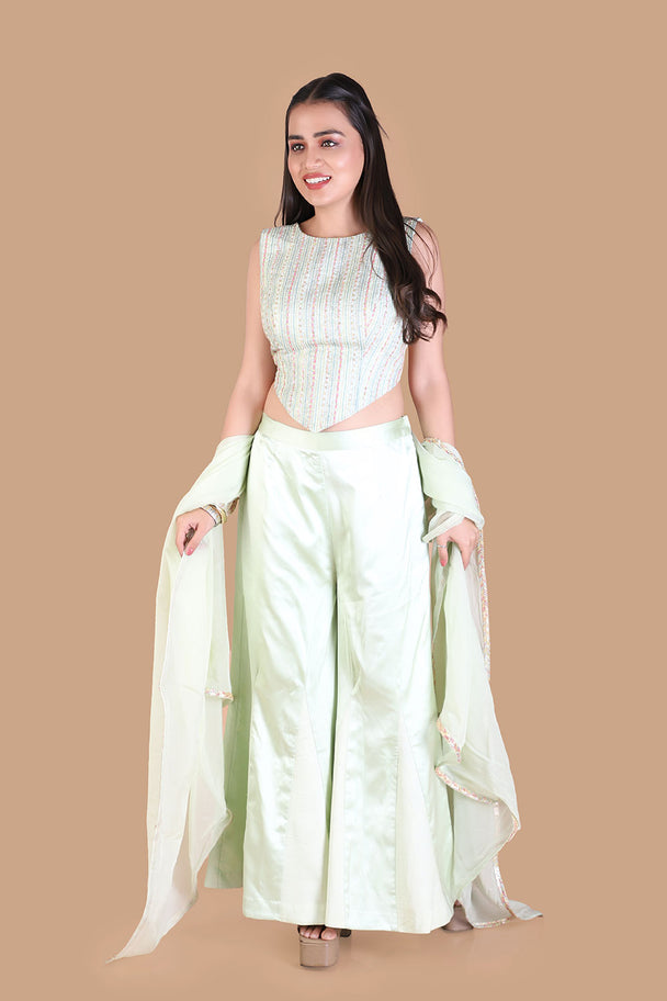 pastel mint green lehenga with embroidered blouse & fringe dupatta