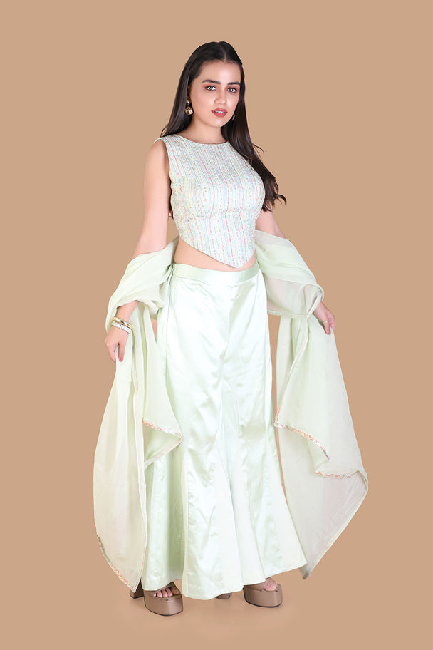 pastel mint green lehenga with embroidered blouse & fringe dupatta