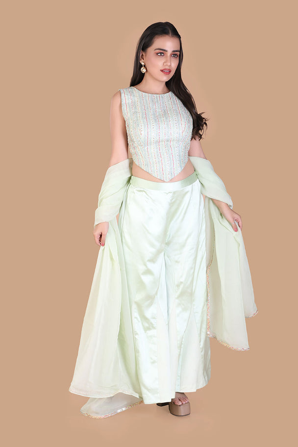 pastel mint green lehenga with embroidered blouse & fringe dupatta