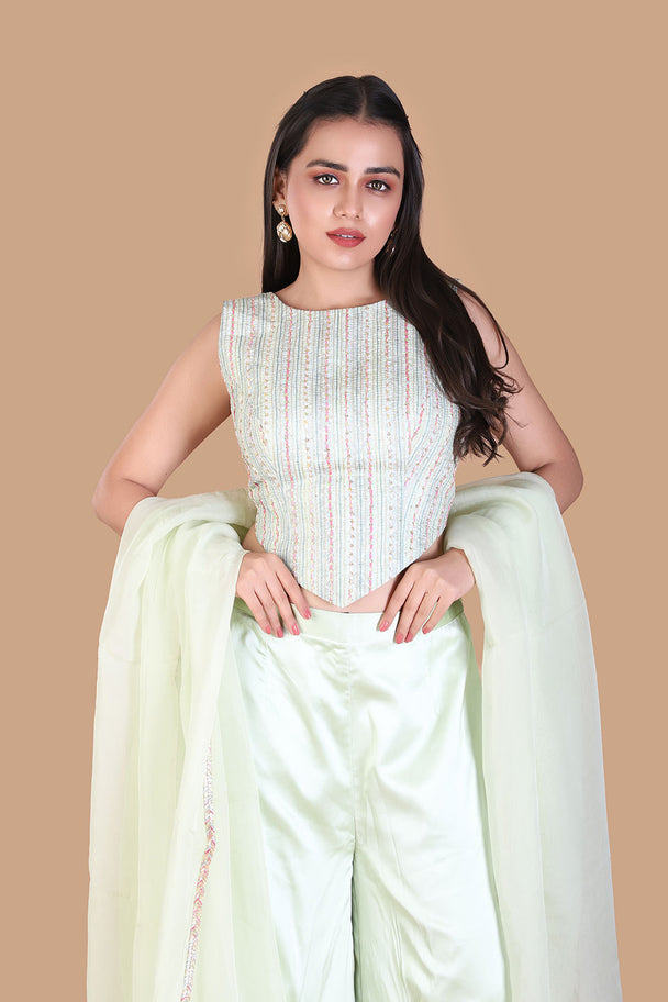 pastel mint green lehenga with embroidered blouse & fringe dupatta