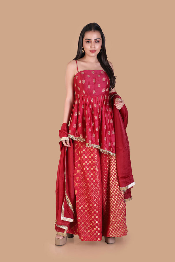 red printed sharara set with matching dupatta & embroidered blouse