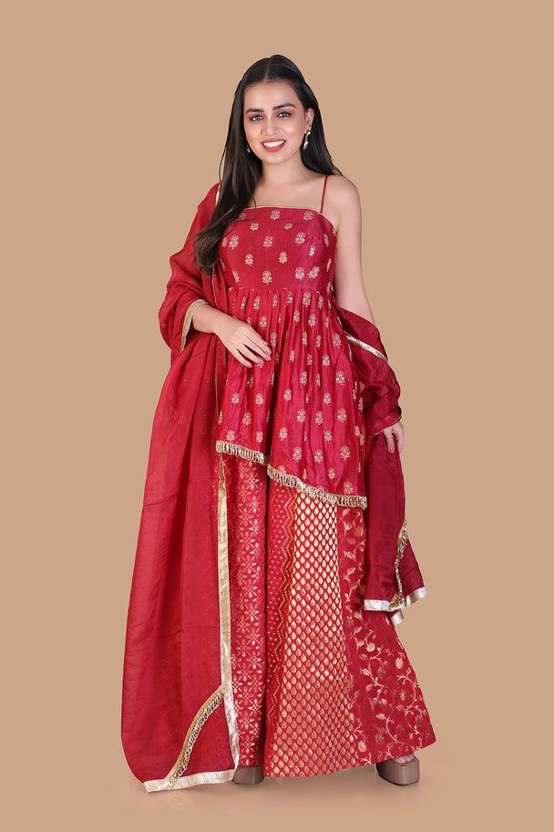 red printed sharara set with matching dupatta & embroidered blouse
