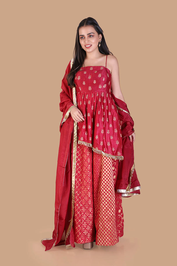 red printed sharara set with matching dupatta & embroidered blouse