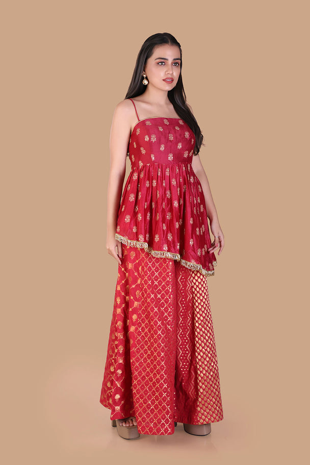 red printed sharara set with matching dupatta & embroidered blouse