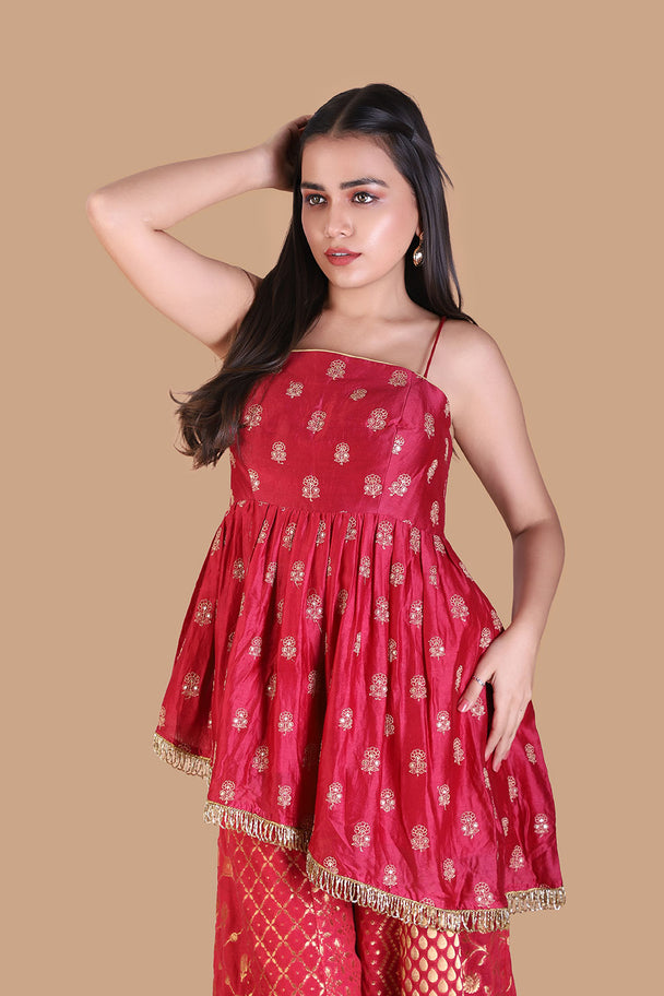 red printed sharara set with matching dupatta & embroidered blouse