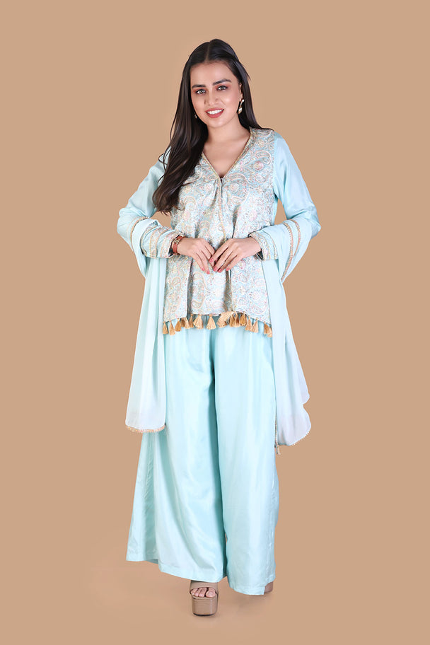 powder blue embroidered kurta with palazzo pants & dupatta