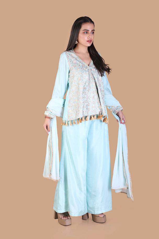 powder blue embroidered kurta with palazzo pants & dupatta
