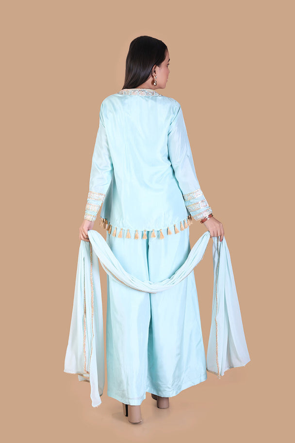 powder blue embroidered kurta with palazzo pants & dupatta