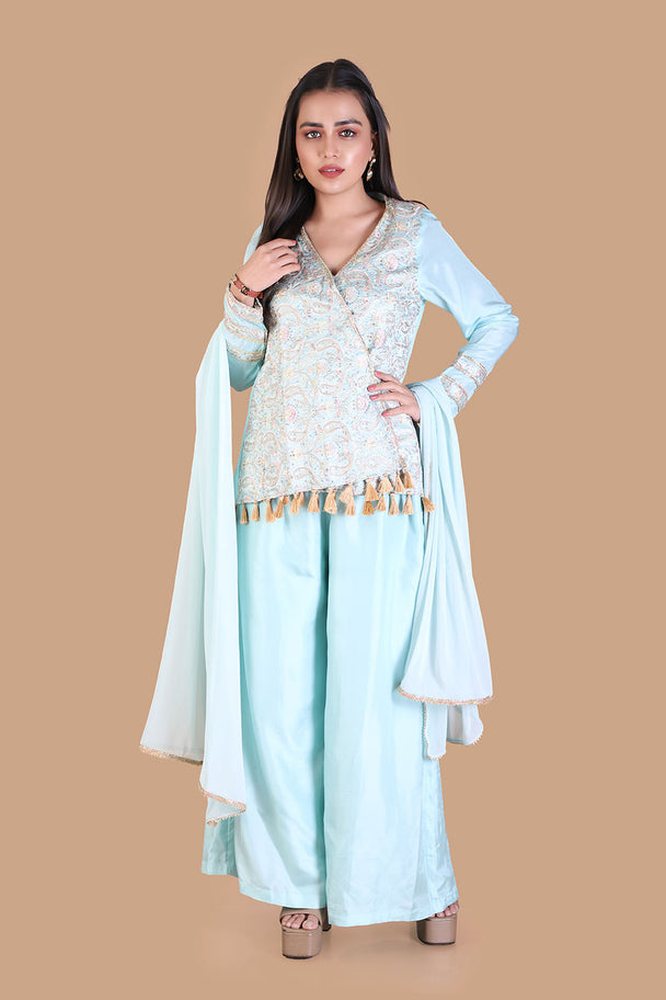 powder blue embroidered kurta with palazzo pants & dupatta