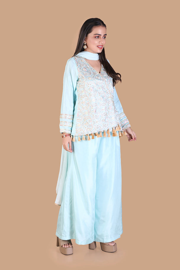 powder blue embroidered kurta with palazzo pants & dupatta