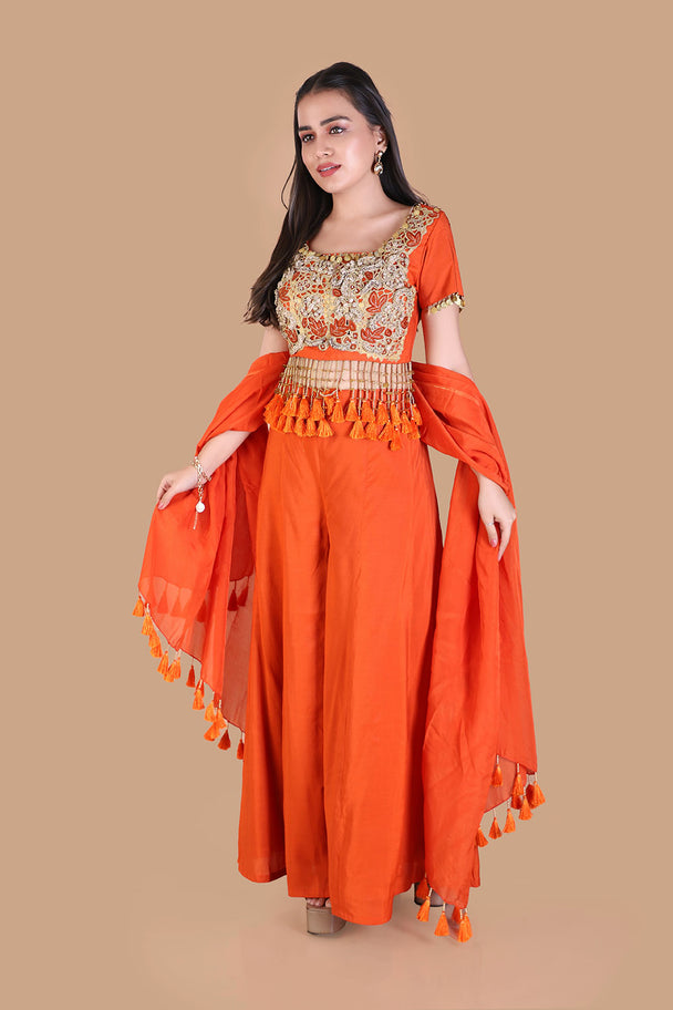 bright orange gharara set with embroidered blouse & dupatta