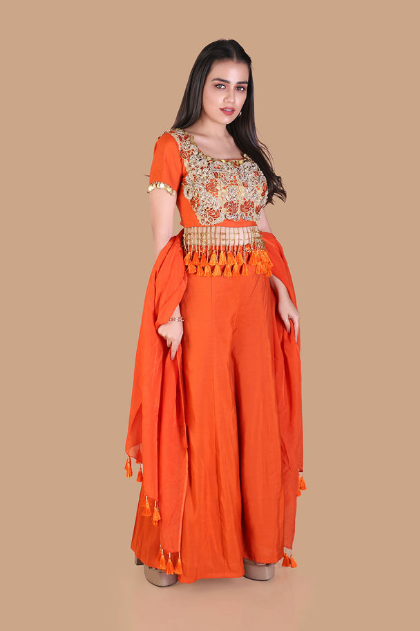 bright orange gharara set with embroidered blouse & dupatta