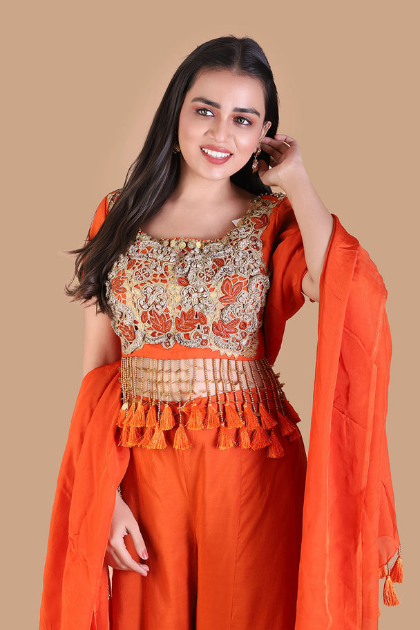 bright orange gharara set with embroidered blouse & dupatta