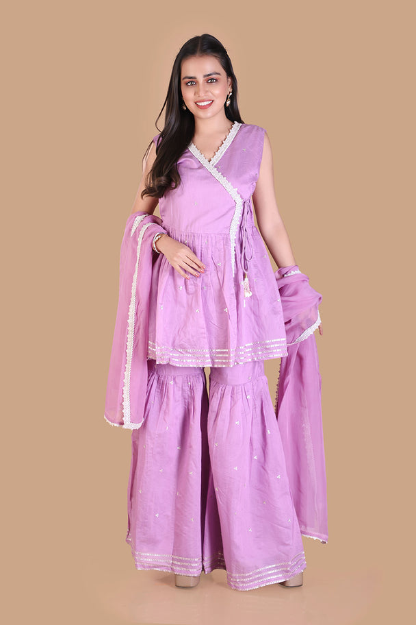 lavender embroidered peplum sharara set with dupatta