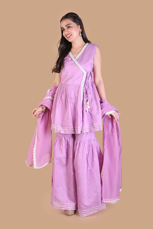 lavender embroidered peplum sharara set with dupatta