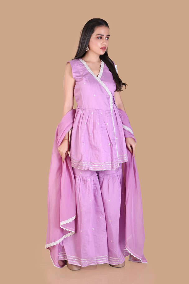 lavender embroidered peplum sharara set with dupatta