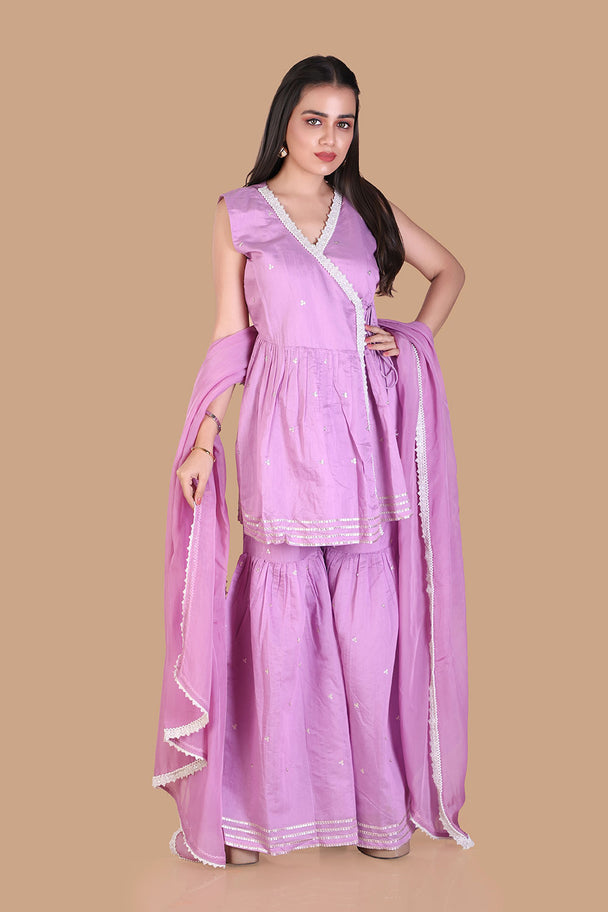 lavender embroidered peplum sharara set with dupatta