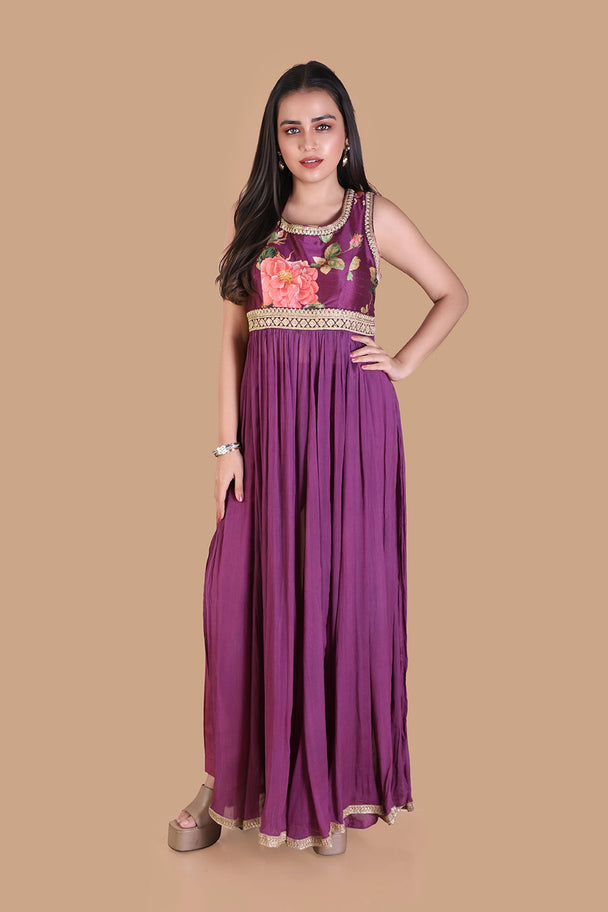 deep purple embroidered flared gown with statement blouse