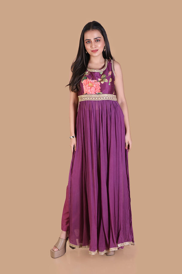deep purple embroidered flared gown with statement blouse
