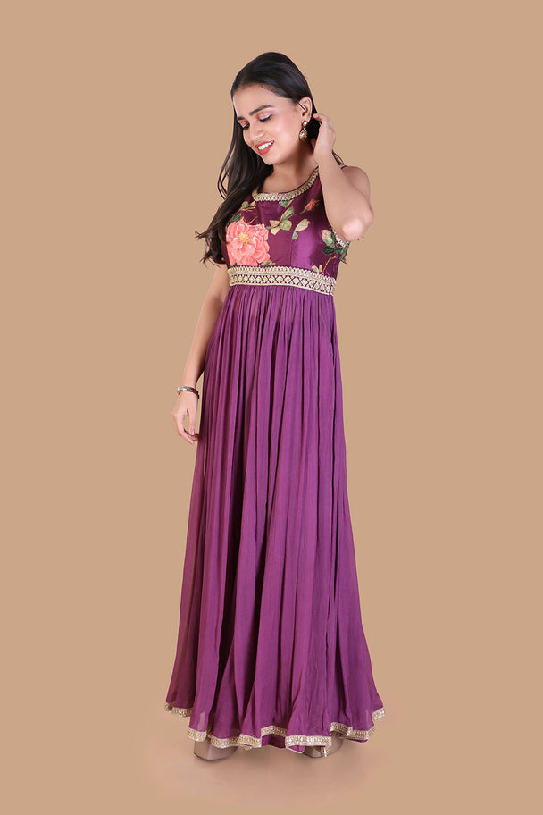 deep purple embroidered flared gown with statement blouse