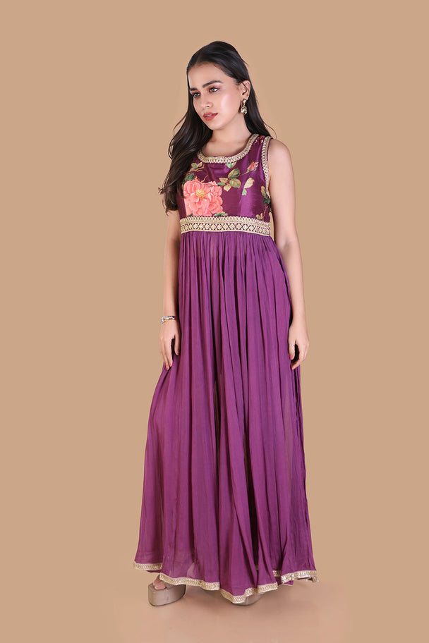 deep purple embroidered flared gown with statement blouse