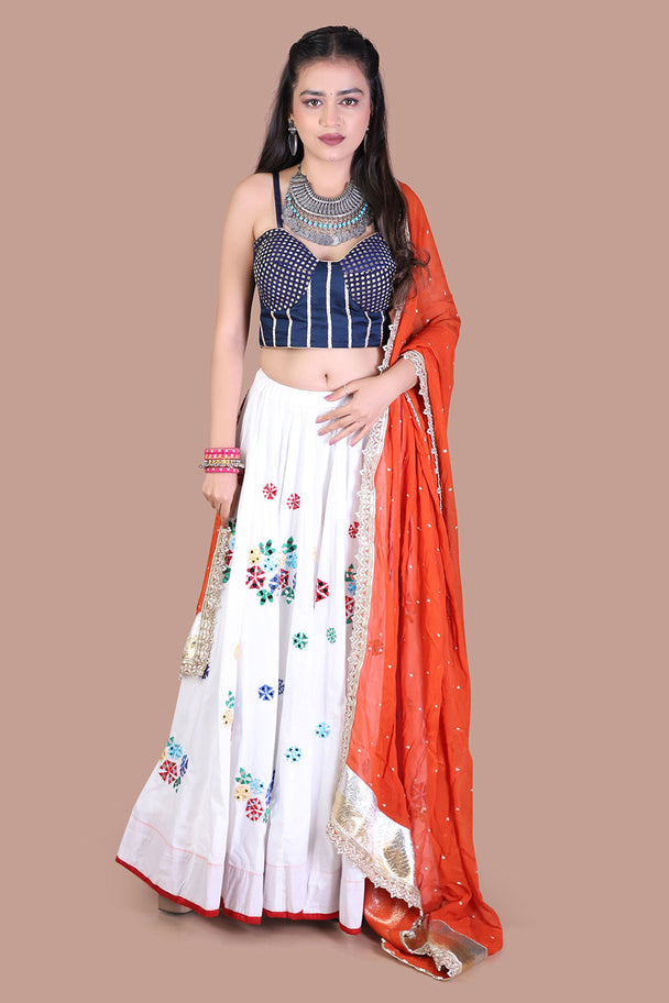 ivory floral lehenga choli with navy blouse & coral dupatta