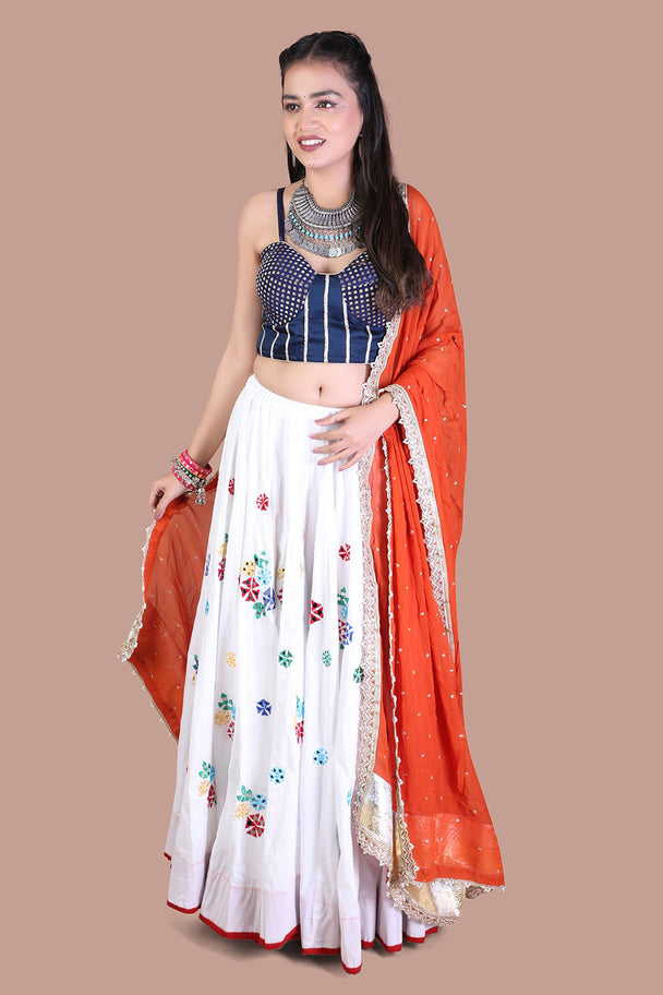 ivory floral lehenga choli with navy blouse & coral dupatta