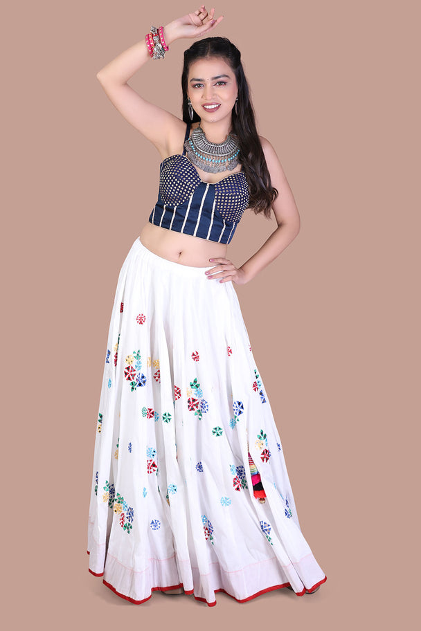 ivory floral lehenga choli with navy blouse & coral dupatta