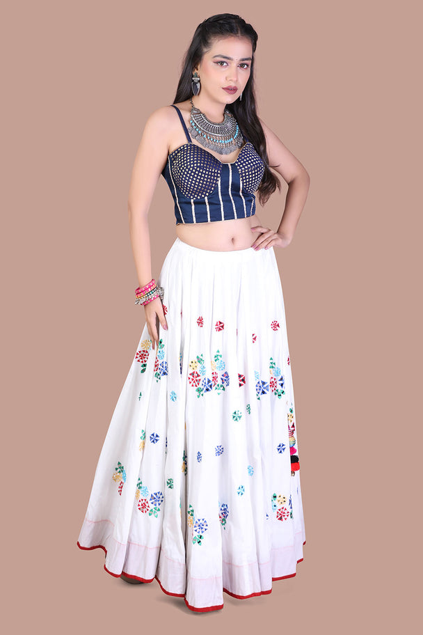 ivory floral lehenga choli with navy blouse & coral dupatta