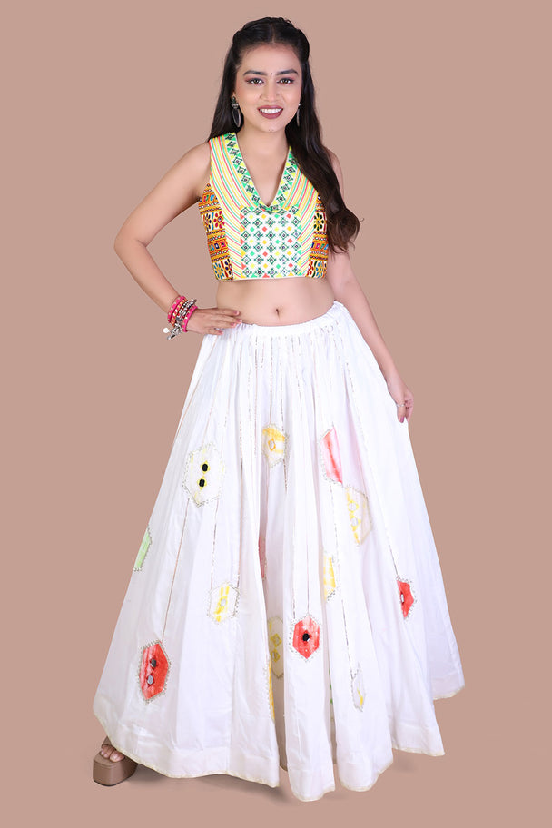 ivory floral lehenga with green blouse & black dupatta