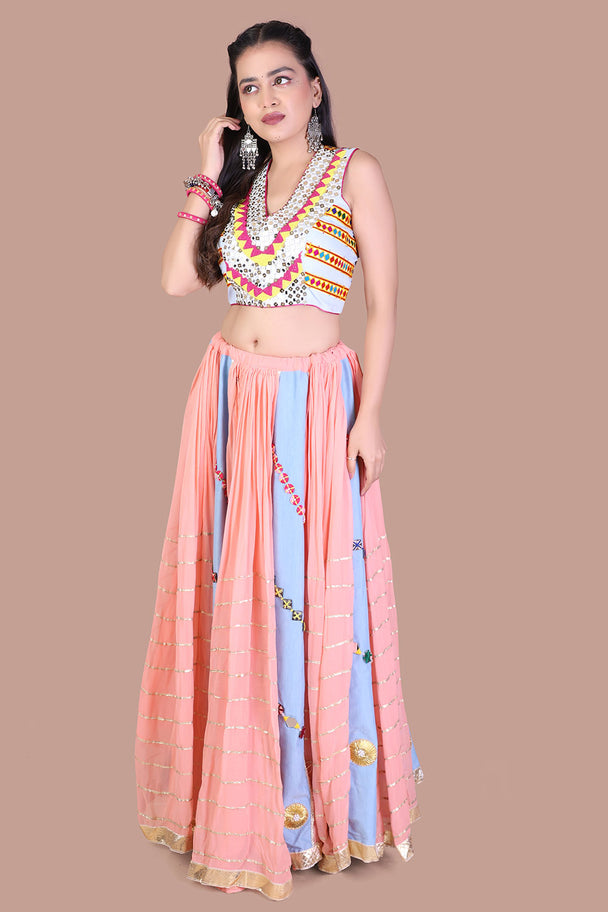 peach multicolor striped lehenga with embroidered blouse